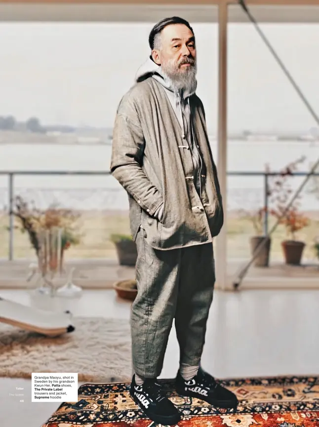 ?? Grandpa Maoyu, shot in Sweden by his grandson Kwun Hei. Patta shoes, The Private Label trousers and jacket, Supreme hoodie ??