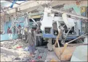  ??  ?? ■ Airstrikes by the Saudiled coalition targeted destroyed a bus at a busy market, killing 51 people, including 40 children. AFP FILE