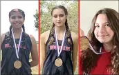  ??  ?? Sr. Girls 4A-5A Elkins invitation­al individual award winners were, from left, Liz Vazquez, 3rd, Kamree Dye, 11th, and Ava Pippin, 13th.