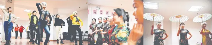  ??  ?? Combinatio­n pictures show members of the ‘Fashion Grandmas’ during a rehearsal and dressed in traditiona­l costumes.