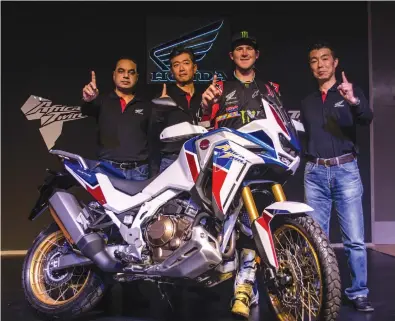  ??  ?? Dakar Rally champion Ricky Brabec (second from right) at the launch of the 2020 Africa Twin Adventure Sports in New Delhi on Thursday.