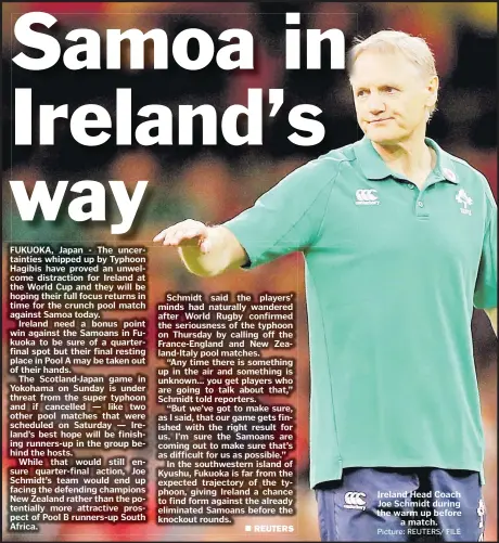  ?? Picture: REUTERS/ FILE ?? Ireland Head Coach Joe Schmidt during the warm up before a match.