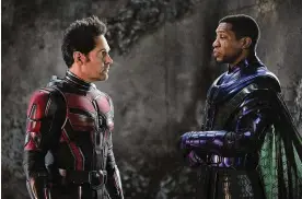  ?? DISNEY/MARVEL STUDIOS VIA AP ?? This image released by Disney shows Paul Rudd, left, and Jonathan Majors in a scene from “Ant-man and the Wasp: Quantumani­a.”