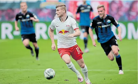  ?? Picture: HANNIBAL HANSCHKE/AFP ?? LETHAL WEAPON: Leipzig’s German forward Timo Werner runs with the ball during the German first division Bundesliga football match against SC Paderborn 07 in Leipzig at the weekend