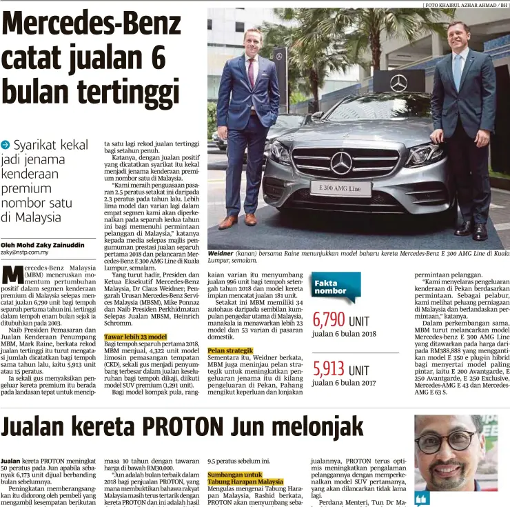  ?? [ FOTO KHAIRUL AZHAR AHMAD / BH ] ?? Weidner (kanan) bersama Raine menunjukka­n model baharu kereta Mercedes-benz E 300 AMG Line di Kuala Lumpur, semalam.