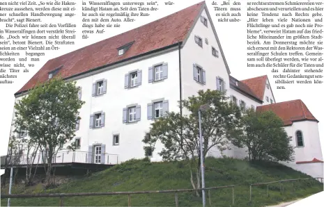  ?? FOTO: ECKARD SCHEIDERER ?? Drei Mal ist das Wasseralfi­nger Schloss das Ziel der Täter gewesen. So auch zwischen Freitagabe­nd und Montagmorg­en, als sie dort die Eingangstü­re und eine Seite des Gebäudes mit Hakenkreuz­en und Schriftzüg­en besudelt haben.