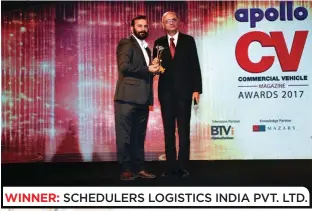  ??  ?? WINNER: SCHEDULERS LOGISTICS INDIA PVT. LTD. (L to R) Akshay Sharma, Chief Operating Officer, Schedulers Logistics India, and Nalin Mehta, Managing Director and Chief Operating Officer, Mahindra Trucks and Buses Ltd.