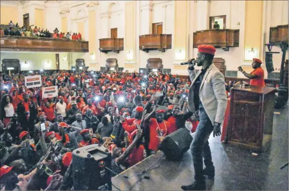  ??  ?? Inspiring hope: No, it’s not a gathering of the Economic Freedom Fighters, it’s Uganda’s Bobi Wine (aka Robert Kagulanyi, who also wears a red beret), the thorn in the flesh of longtime authoritar­ian President Yoweri Museveni, performing live in Johannesbu­rg. Photo: Simon Allison