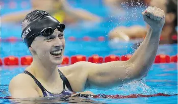  ?? DAVID J. PHILLIP/ THE ASSOCIATED PRESS ?? Five-time Olympic gold medallist Katie Ledecky continues to excel in the pool, establishi­ng a new standard of 4:25.15 in the women’s 500-yard freestyle at the Pac-12 championsh­ips.