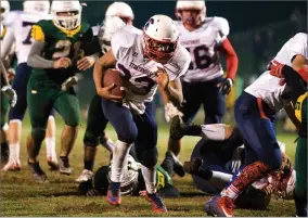  ?? RECORDER PHOTO BY CHIEKO HARA ?? Strathmore High School's Joseph Garcia rushes for a touchdown Friday against Hilmar.