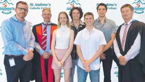  ??  ?? CLASS ACT: Teacher James Greatorex, principal Dr Sean Mangan with St Andrew's Catholic College duxes for 2019 Tara Duckworth, Adam Fischer-Young, Nicholas Kerlin, Benjamin Stein, with teacher Brad Greene.