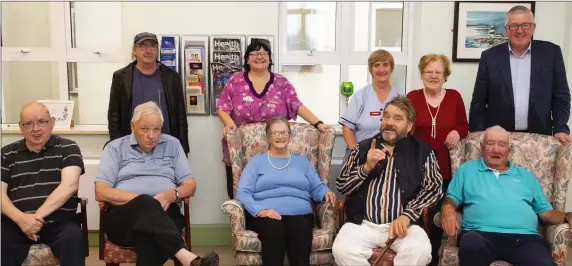  ??  ?? Comedian Brendan Grace pictured during his recent visit to residents in the New Haughton hospital: (Front) Paddy Hartley, Simon Connelly, Rita Power, Brendan and Tommy Kehoe. (Back) Johnny Hartley, Antoinette Carbury staff, Chrissie Farrell staff Nell Aspel and Cllr Willie Fitzharris.