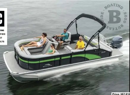  ?? Price: $67,614 ?? SPECS: LOA: 21'6" BEAM: 8'6" DRAFT: 2'7" DRY WEIGHT: 2,491 lb. SEAT/WEIGHT CAPACITY: 13/1,163 lb. FUEL CAPACITY: 32 gal.
HOW WE TESTED: ENGINE: Yamaha F150 four-stroke DRIVE/PROP: Outboard/Yamaha Reliance 14.5" x 15" stainless steel GEAR RATIO: 2.00:1 FUEL LOAD: 35 gal. CREW WEIGHT: 400 lb.