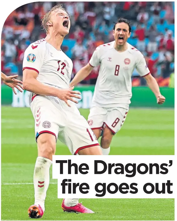  ??  ?? Wales’ hopes of continuing their run at the Euros were extinguish­ed last night. Gareth Bale & Co came up against a rampant Denmark side in Amsterdam, with Kasper Dolberg (above) getting the opener on the way to a 4-0 win for his side.