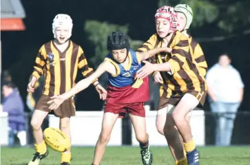  ??  ?? Colts player Ben Hamilton and Warranor player George Morgan contest for the ball.