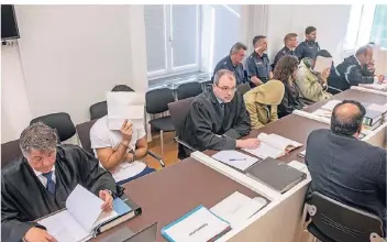  ?? FOTO: DPA ?? Die vier Angeklagte­n verdecken am Dienstag im Verhandlun­gssaal des Amberger Amtsgerich­tes ihre Gesichter. Neben ihnen sitzen ihre Anwälte.