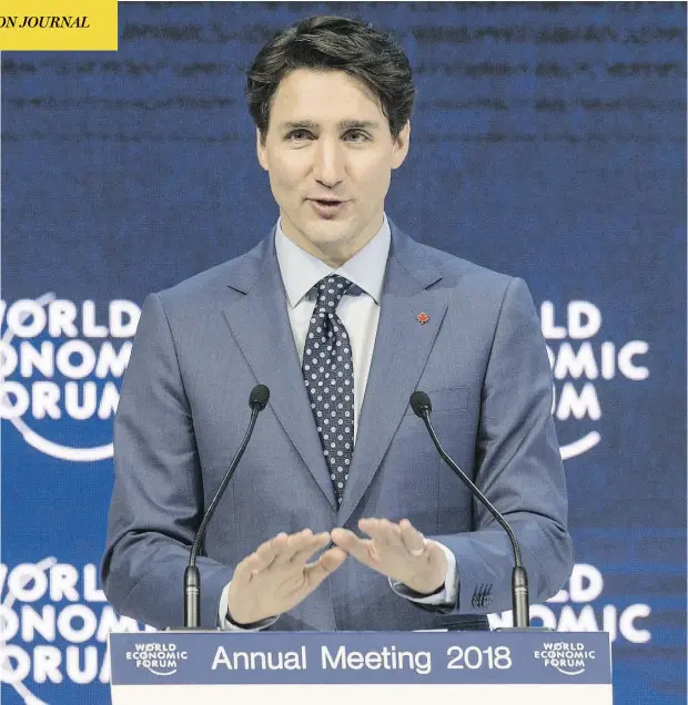  ?? LAURENT GILLIERON / KEYSTONE VIA AP ?? Justin Trudeau announced Canada has agreed to the new Trans-Pacific Partnershi­p at the World Economic Forum in Davos, Switzerlan­d, Tuesday.