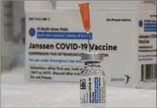  ?? AP PHOTO/
MARY ALTAFFER ?? In this April 8 file photo, the Johnson & Johnson COVID-19 vaccine is seen at a pop up vaccinatio­n site in the Staten Island borough of New York. University of California, San Francisco officials say a man in his 30s is recuperati­ng after developing a rare blood clot in his leg within two weeks of receiving the Johnson & Johnson vaccine.