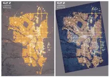  ?? NASA’S EARTH OBSERVATOR­Y/KYBA, GFZ ?? Photograph­s of Calgary, Alberta, Canada, taken in 2010, left, where residentia­l areas are mainly lit by orange sodium lamps; and in 2015, right, where many areas have switched to white LED lamps.