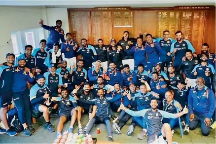  ?? — Twitter ?? Members of the Indian team celebrate after winning the second Test against England at Lord’s on Monday.