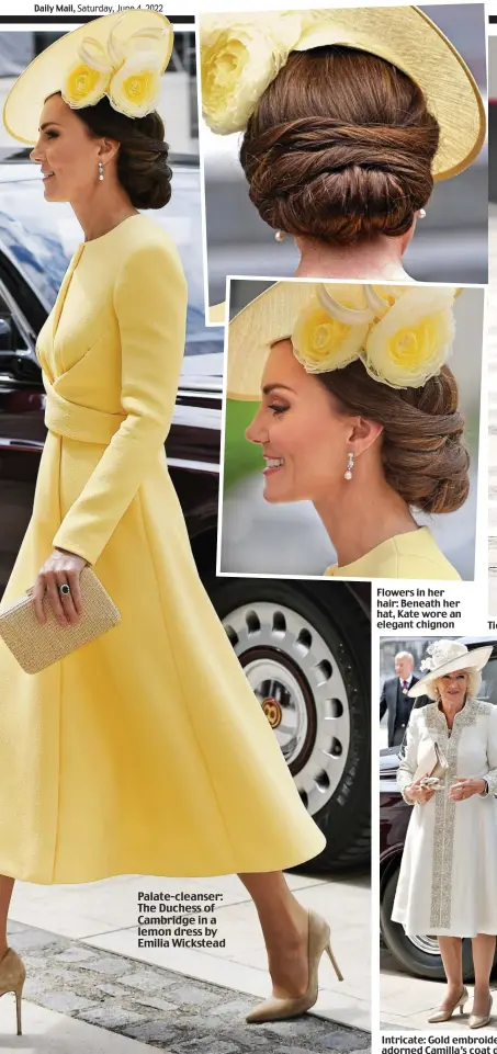  ?? ?? Palate-cleanser: The Duchess of Cambridge in a lemon dress by Emilia Wickstead
Flowers in her hair: Beneath her hat, Kate wore an elegant chignon