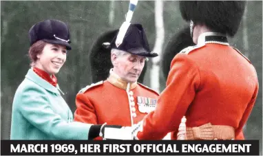  ??  ?? Confident: The 18-year-old Princess presents leeks to the Welsh Guards. Top: In 2014 MARCH 1969, HER FIRST OFFICIAL ENGAGEMENT