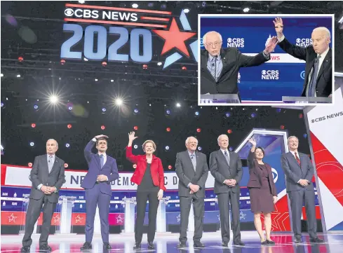  ?? AGENCIES ?? Democratic presidenti­al hopefuls arrive to participat­e in the 10th Democratic primary debate of the 2020 presidenti­al campaign season in Charleston, South Carolina on Tuesday. Inset: Senator Bernie Sanders, left, and former Vice President Joe Biden brush hands as they have an exchange.