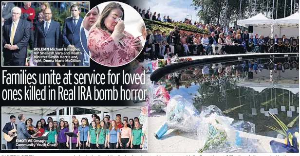  ??  ?? SOLEMN Michael Gallagher, MP Shaliesh Vara and Health Minister Simon Harris and, right, Donna Marie Mcgillion EMOTIVE Omagh Community Youth Choir