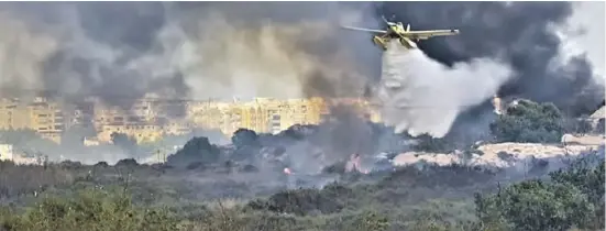  ?? ?? Am Sonntag löschten Flugzeuge und Helikopter Guardamar, knapp 30 Kilometer vor Elche.
Fotos: Rathaus Guardamar/Rathaus Elche