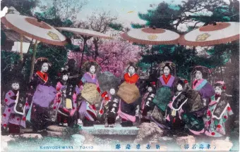 ??  ?? A postcard of courtesans and attendants in the Yoshiwara, Tokyo’s brothel district, circa 1910