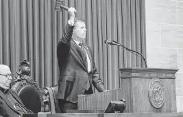  ?? TIM BOMMEL ?? Missouri House Speaker Dean Plocher, a St. Louis-area Republican, bangs the gavel on the first day of the 2024 legislativ­e session at the Missouri Capitol.