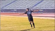  ?? Michael Baron ?? Gordon Central’s Zeke Parada celebrates his first of two goals during the Warriors’ region game against Armuchee at Ratner Stadium on Wednesday.