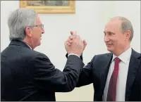  ??  ?? Juncker on an earlier visit to Russia, above, Putin at yesterday’s event, right and the EU chief’s message, below