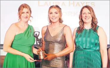  ?? (Pic: INPHO/Laszlo Geczo) ?? Cork and St Catherine’s camogie star Laura Hayes, receiving her All-Stars award on Friday from Uachtaran Hilda Breslin and Ard Stuirthoir, Sinead McNulty at the Osprey Hotel, Co. Kildare.