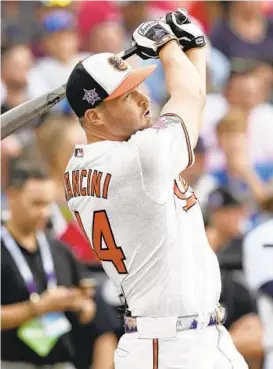  ?? DAVID ZALUBOWSKI/AP ?? The Orioles’ Trey Mancini hits during the first round of the Home Run Derby on Monday night in Denver. Mancini made it to the final round.