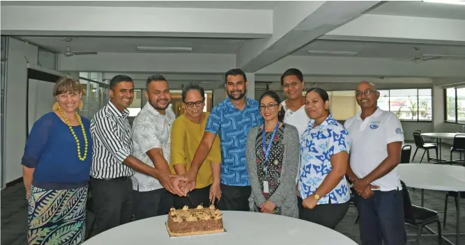  ?? ?? Pacific Community (SPC) and Fiji Meteorolog­ical Service team marking the launch of the report. (From L-R) Molly Powers-Tora (SPC), Bipen Prakash (FMS), Terry Atalifo (FMS), Merana Kitione (SPC), Zulfikar Begg (SPC), Nileshni Maharaj (SPC), Arieta Baleisolom­one (FMS), Ana Degei (FMS) and Salesh Kumar (SPC). Photo: Fiji Met Service