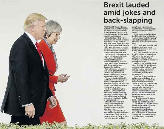 ?? Picture: BLOOMBERG ?? LADY IN RED: US President Donald Trump and UK Prime Minister Theresa May outside of the White House after their meeting on Friday