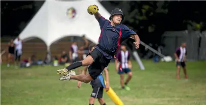  ?? PHOTO: DAVID UNWIN/STUFF ?? Dayton Thompson, from Feilding High School takes, aim at the tupu during the Manawatu¯ secondary schools k¯ı-o-rahi tournament.