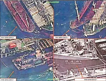  ??  ?? In satellite images provided by the US Treasury Department, photos showing what the department says is the transfer of refined petroleum between an unidentifi­ed ship and the North Korean ship
October. in