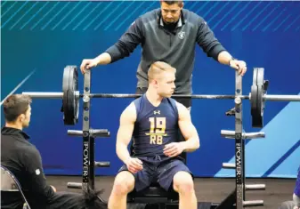  ?? Gregory Payan / Associated Press ?? At the NFL combine, the bench press was the poorest performanc­e for former Stanford running back Christian McCaffrey, 29th among 30 running backs with 10 reps at 225 pounds.