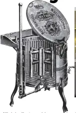  ??  ?? Miele’s first washing machine in 1901, a manually operated tub that featured the design and mechanism of a butter churn.