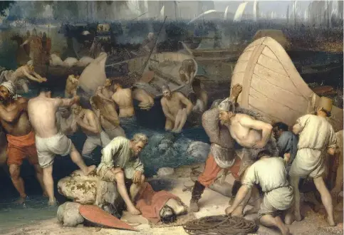  ??  ?? An 820 – Le Débarqueme­nt de l’armée des Barbares (1850), anonyme. Victorieux sur l’île de Man, les Vikings échoueront, cette annéelà, à envahir la Flandre et la baie de Seine. Ils n’en resteront pas là…