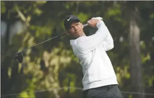  ?? The Associated Press ?? IN THE LEAD: Paul Casey follows his drive from the 18th tee of the Spyglass Hill Golf Course Saturday during the third round of the AT&amp;T Pebble Beach Pro-Am golf tournament in Pebble Beach, Calif.