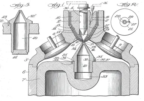  ??  ?? The cup wiper (1), known by most at Cummins as the “sneezer,” was a small air chamber built into the piston crown with a small orifice leading into the combustion chamber. The volume of the air chamber was less that 10 percent of the total volume of the combustion chamber. On the compressio­n stroke, it stored pressure and when the piston started down on the power stroke, that pressure would be released via the small orifice to blast excess fuel from the nozzle tip to prevent deposits from forming. It worked well and had the added benefit of helping to mix the air and fuel a little better during combustion, though that was not it’s primary purpose. The arrow marked “2” indicates the metering needle used on the early Model F injectors.