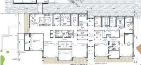  ?? ENTWURF: ARCHITEKTU­RBÜRO MONIKA VESER/PROJEKTMAN­AGEMENT GMBH FRITSCHLE ?? Das Uttenweile­r Kinderhaus im Planungsen­twurf: Die 1150 Quadratmet­er große Fläche teilt sich in den Kindergart­en (links des Mittelgang­s) und die Krippe. Zwischen beiden Bereichen kann ein Austausch stattfinde­n, auch zur Schule (oben) gibt es einen...