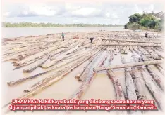  ??  ?? DIRAMPAS: Rakit kayu balak yang ditebang secara haram yang dijumpai pihak berkuasa berhampira­n Nanga Semaram, Kanowit.