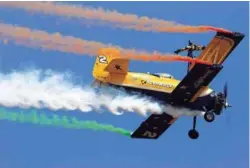  ??  ?? (TOP, L-R) HAL MANUFACTUR­ED HAWK-I TRAINER IN THE TAKE-OFF MODE; INDIAN ARMY’S RUDRA HELICOPTER­S PERFORMING ON YELAHANKA SKIES; (ABOVE, L-R) USAF C-130J SUPER HERCULES IN FLIGHT; SCANDINAVI­AN SKYCATS PERFORMING AN AEROBATIC ACT ON CATWALK.