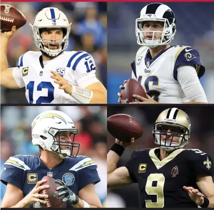  ?? PHOTOS BY GETTY IMAGES ?? Stars Andrew Luck (upper left), Jared Golf (upper right), Philip Rivers (lower left) and Drew Brees will play key roles in weekend playoff games.