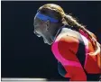  ?? HAMISH BLAIR - THE ASSOCIATED PRESS ?? United States’ Serena Williams reacts during her fourth round match against Aryna Sabalenka of Belarus at the Australian Open tennis championsh­ip in Melbourne, Australia, Sunday, Feb. 14, 2021.