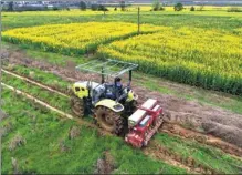  ?? ZHOU MIN / XINHUA ?? A farmer uses a tractor to prepare his land for planting in Miluo, Hunan province, on March 4.